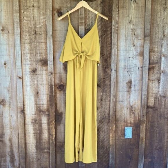 Mustard Seed Yellow Goldenrod V-neck Popover Tie Front Wide Leg Jumpsuit - Picture 1 of 11